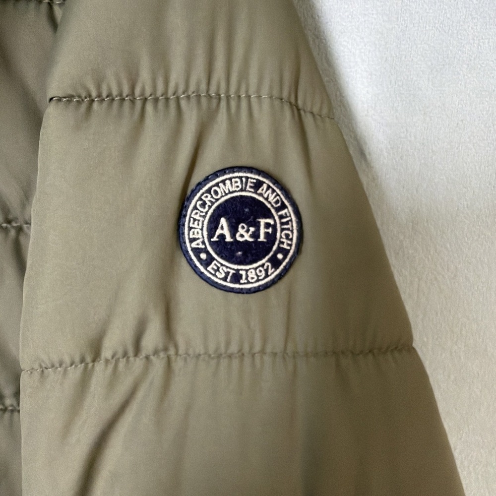 Abercrombie & Fitch Mens L Puffer Jacket Olive Green Faux Fur Collar Packable - Picture 5 of 11